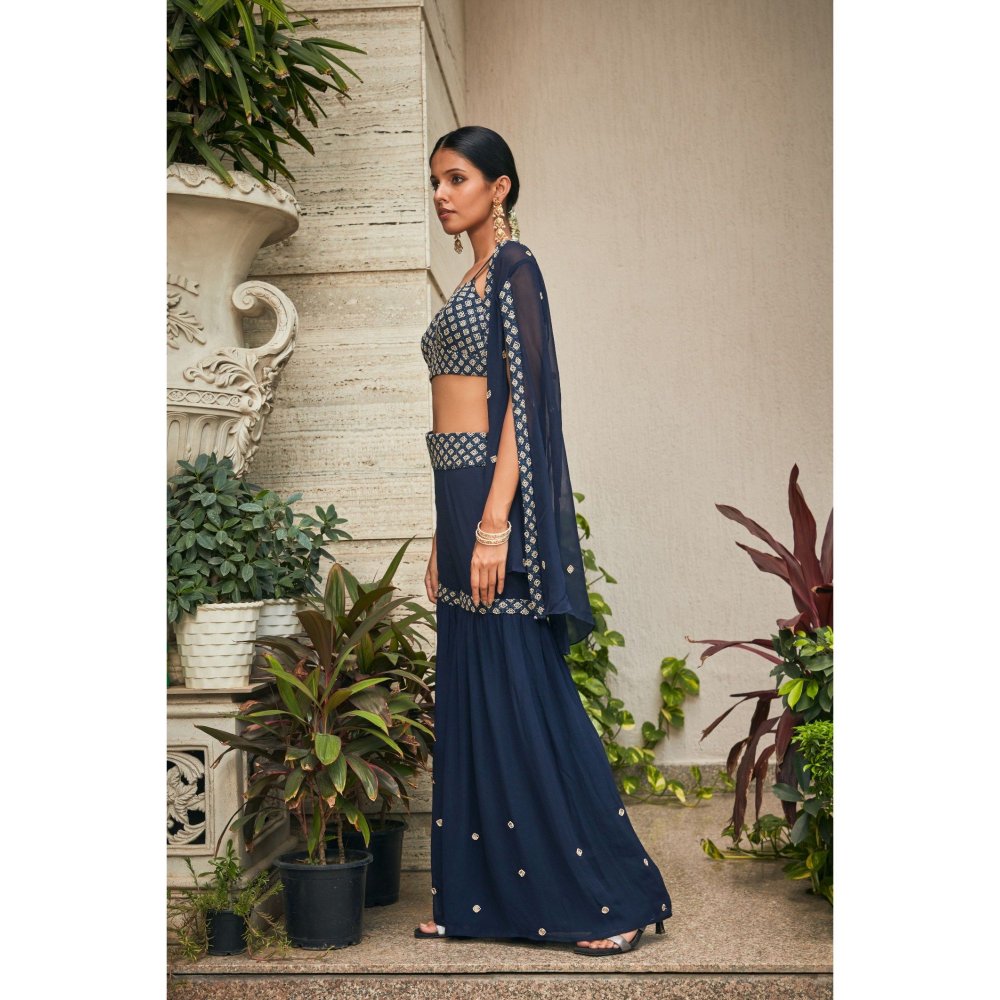 Bohame Iha Teal Chikankari Embroidered Blouse with Sharara & Cape (Set of 3)