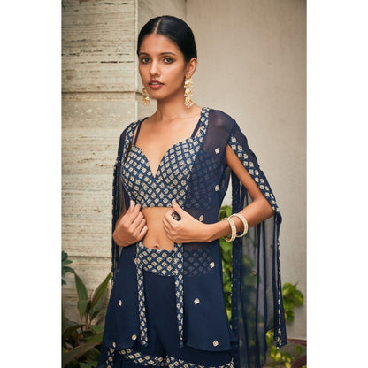 Bohame Iha Teal Chikankari Embroidered Blouse with Sharara & Cape (Set of 3)