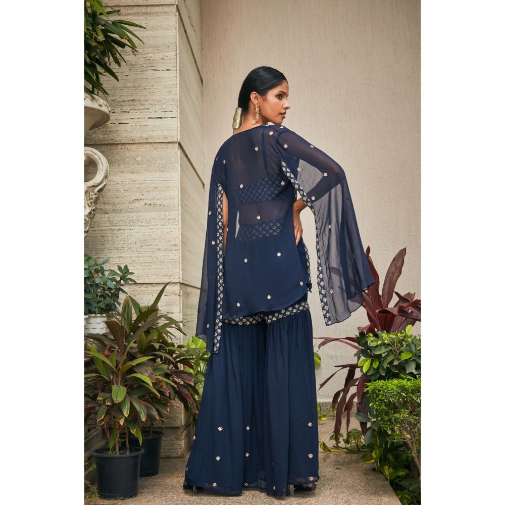 Bohame Iha Teal Chikankari Embroidered Blouse with Sharara & Cape (Set of 3)