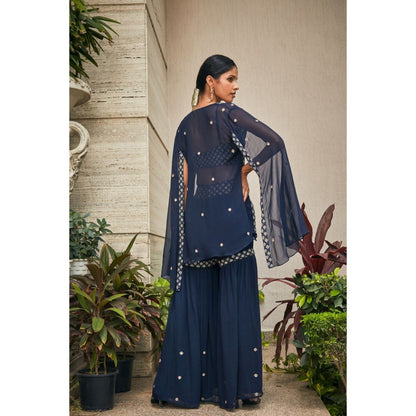 Bohame Iha Teal Chikankari Embroidered Blouse with Sharara & Cape (Set of 3)