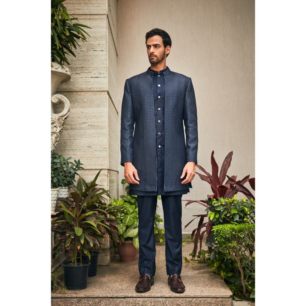 Bohame Aagney Navy Blue Chikankari Open Jacket and Kurta with Pant (Set of 3)