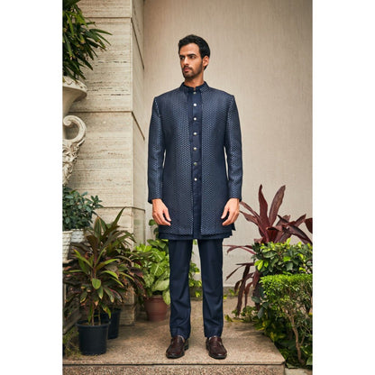 Bohame Aagney Navy Blue Chikankari Open Jacket and Kurta with Pant (Set of 3)