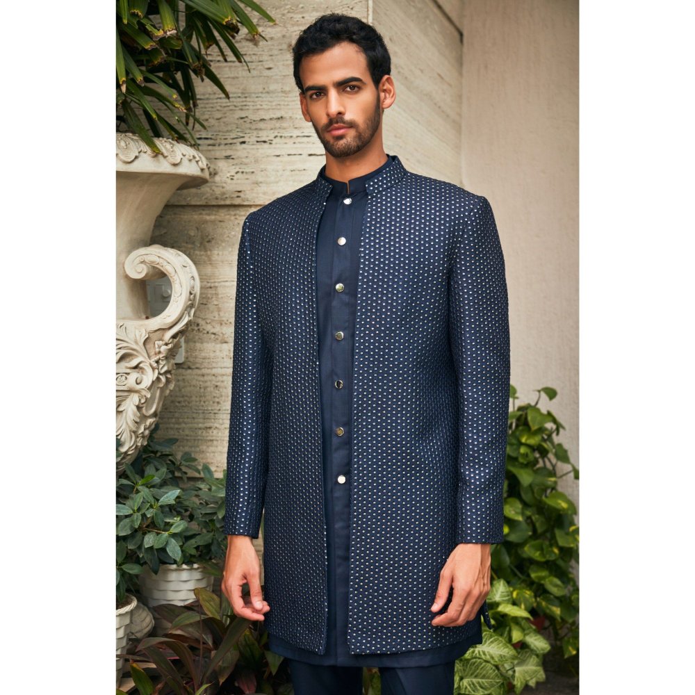 Bohame Aagney Navy Blue Chikankari Open Jacket and Kurta with Pant (Set of 3)