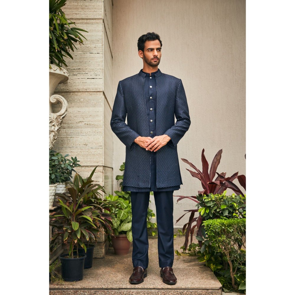 Bohame Aagney Navy Blue Chikankari Open Jacket and Kurta with Pant (Set of 3)