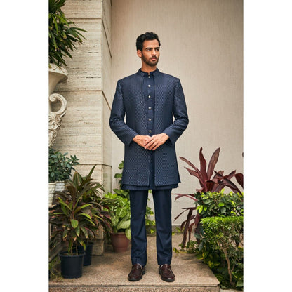 Bohame Aagney Navy Blue Chikankari Open Jacket and Kurta with Pant (Set of 3)