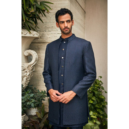Bohame Aagney Navy Blue Chikankari Open Jacket and Kurta with Pant (Set of 3)