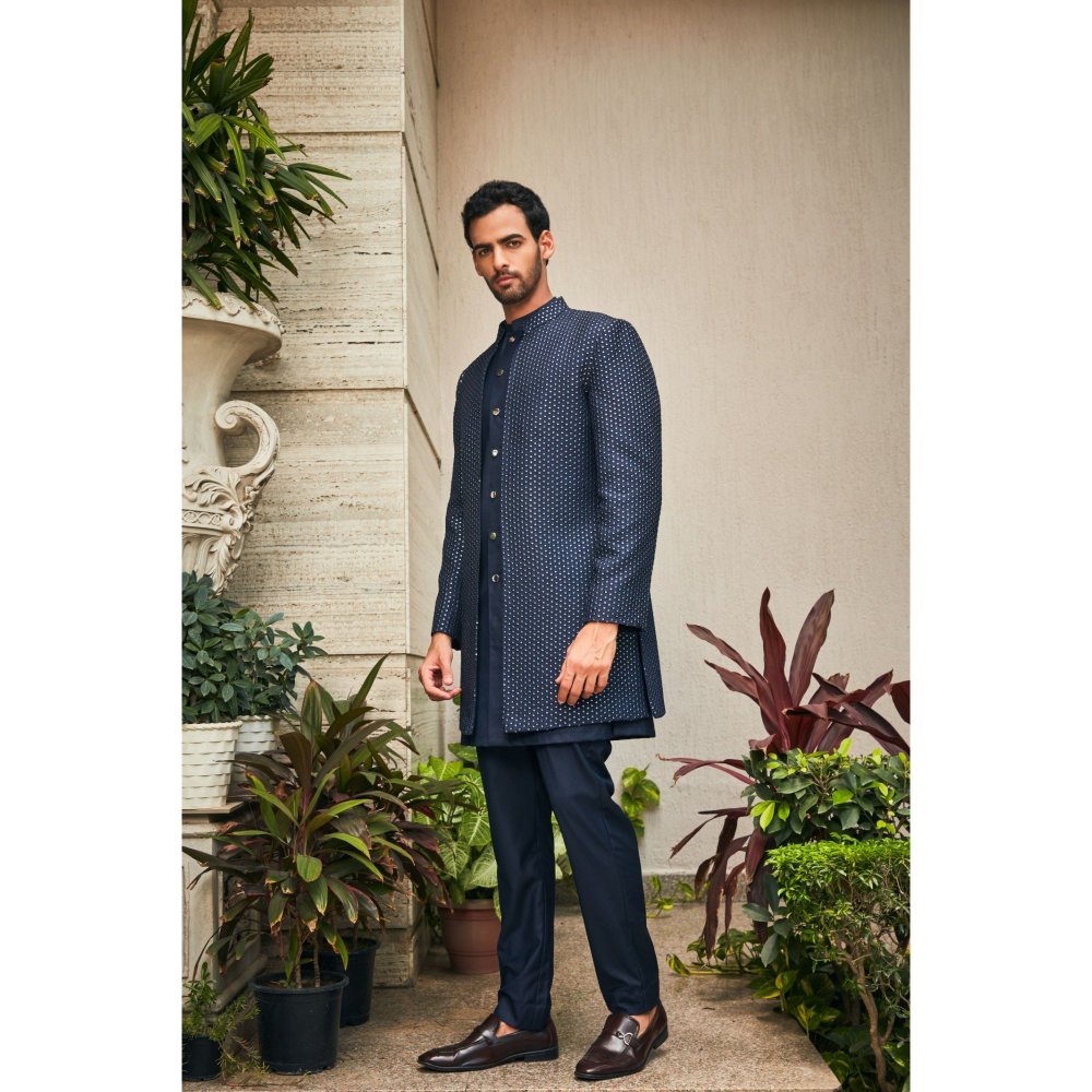 Bohame Aagney Navy Blue Chikankari Open Jacket and Kurta with Pant (Set of 3)
