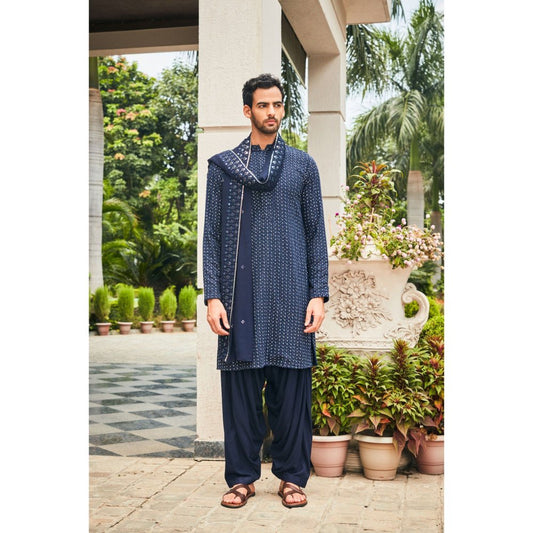 Bohame Neer Navy Blue Chikankari Kurta and Salwar with Dupatta (Set of 3)