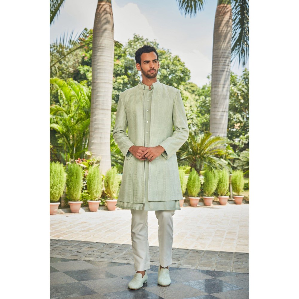 Bohame Harit Pastel Green Chikankari Open Jacket and Kurta with Pant (Set of 3)