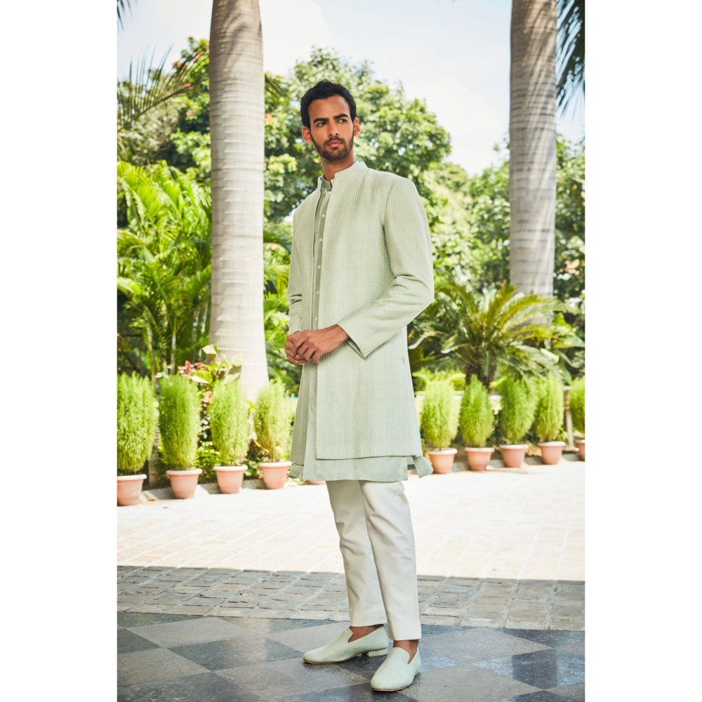 Bohame Harit Pastel Green Chikankari Open Jacket and Kurta with Pant (Set of 3)