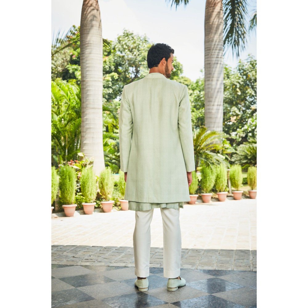 Bohame Harit Pastel Green Chikankari Open Jacket and Kurta with Pant (Set of 3)