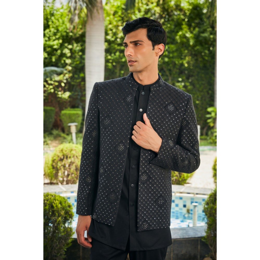 Bohame Adhrit Black Chikankari Open Jacket and Kurta with Pant (Set of 3)