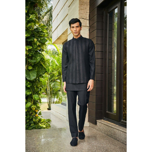 Bohame Ahar Black Chikankari Nehru Jacket and Kurta with Pant (Set of 3)