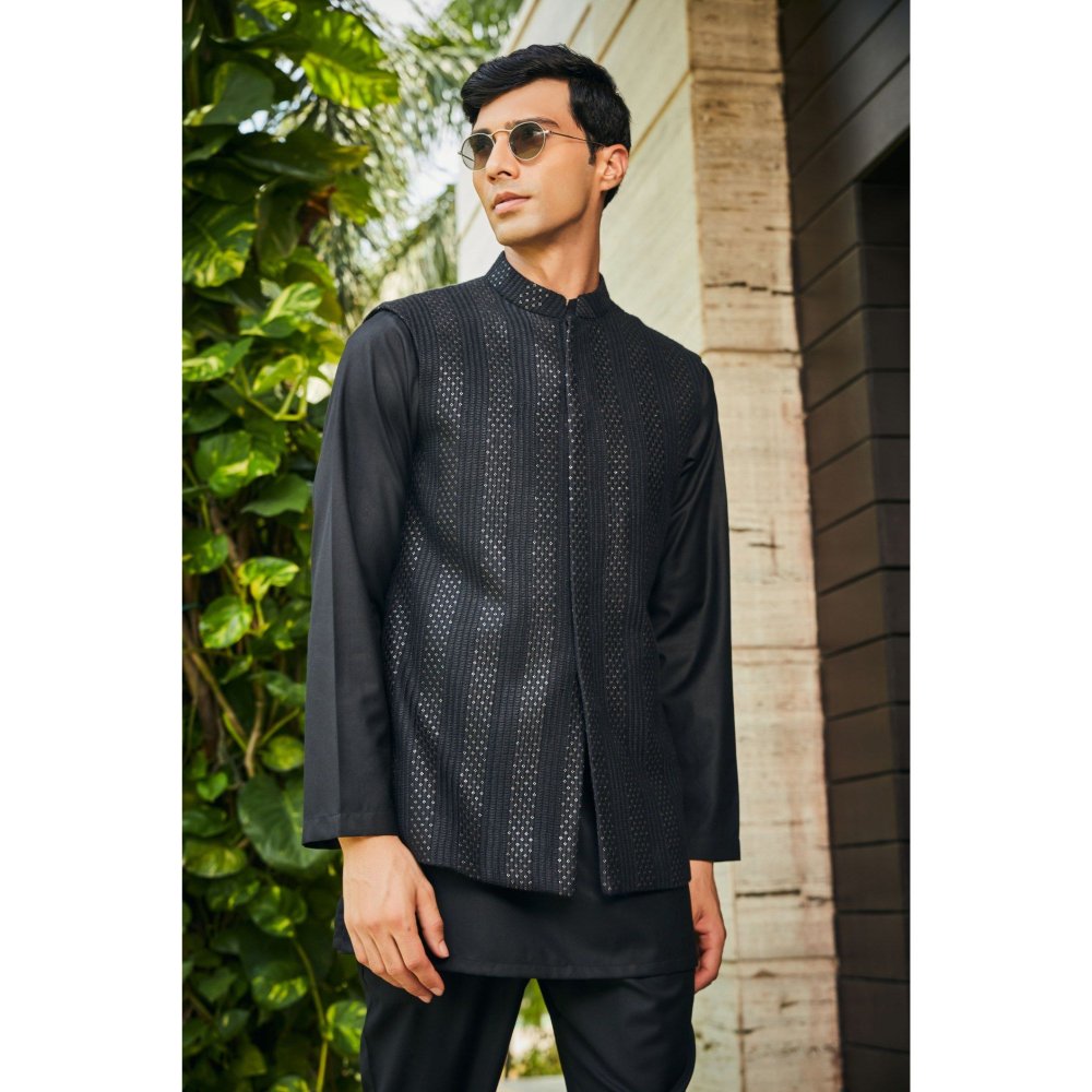 Bohame Ahar Black Chikankari Nehru Jacket and Kurta with Pant (Set of 3)