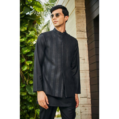 Bohame Ahar Black Chikankari Nehru Jacket and Kurta with Pant (Set of 3)