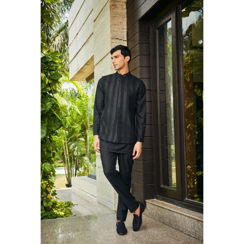 Bohame Ahar Black Chikankari Nehru Jacket and Kurta with Pant (Set of 3)