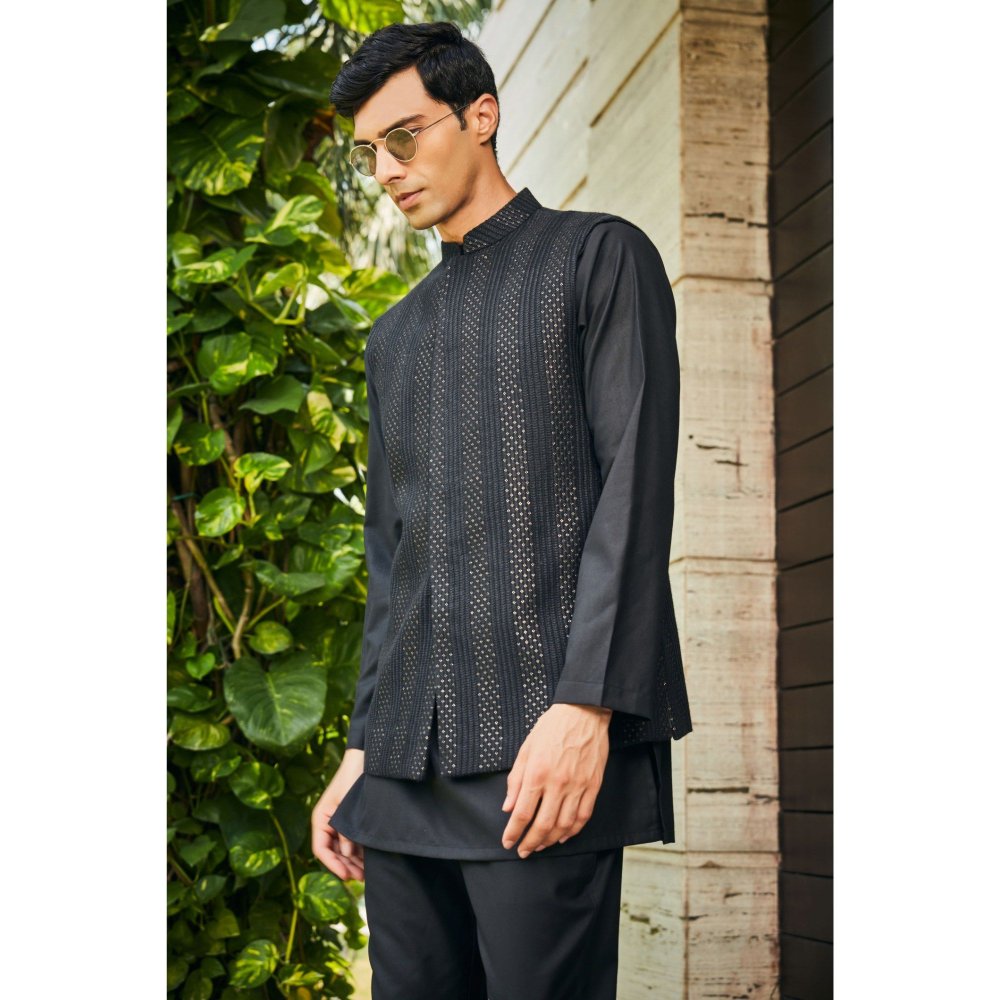 Bohame Ahar Black Chikankari Nehru Jacket and Kurta with Pant (Set of 3)