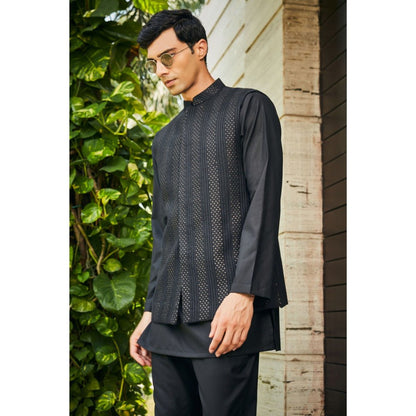 Bohame Ahar Black Chikankari Nehru Jacket and Kurta with Pant (Set of 3)
