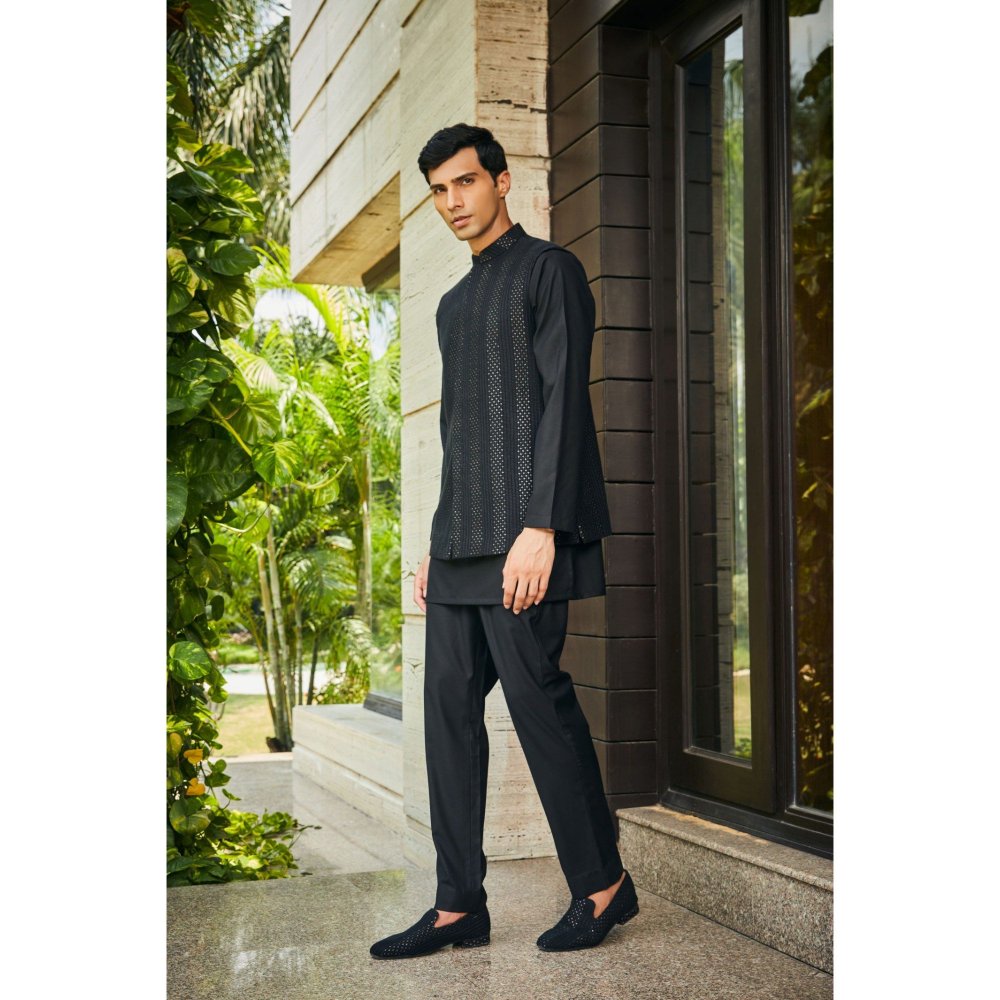 Bohame Ahar Black Chikankari Nehru Jacket and Kurta with Pant (Set of 3)