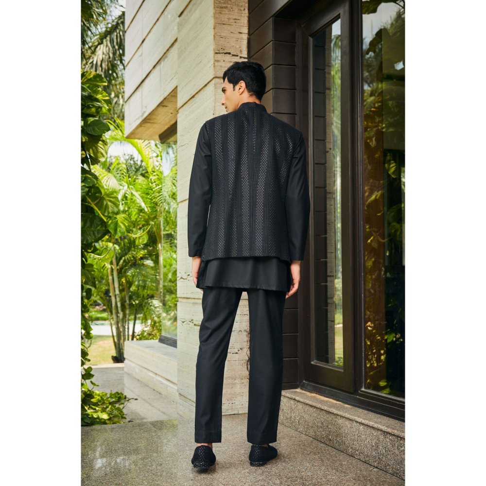 Bohame Ahar Black Chikankari Nehru Jacket and Kurta with Pant (Set of 3)