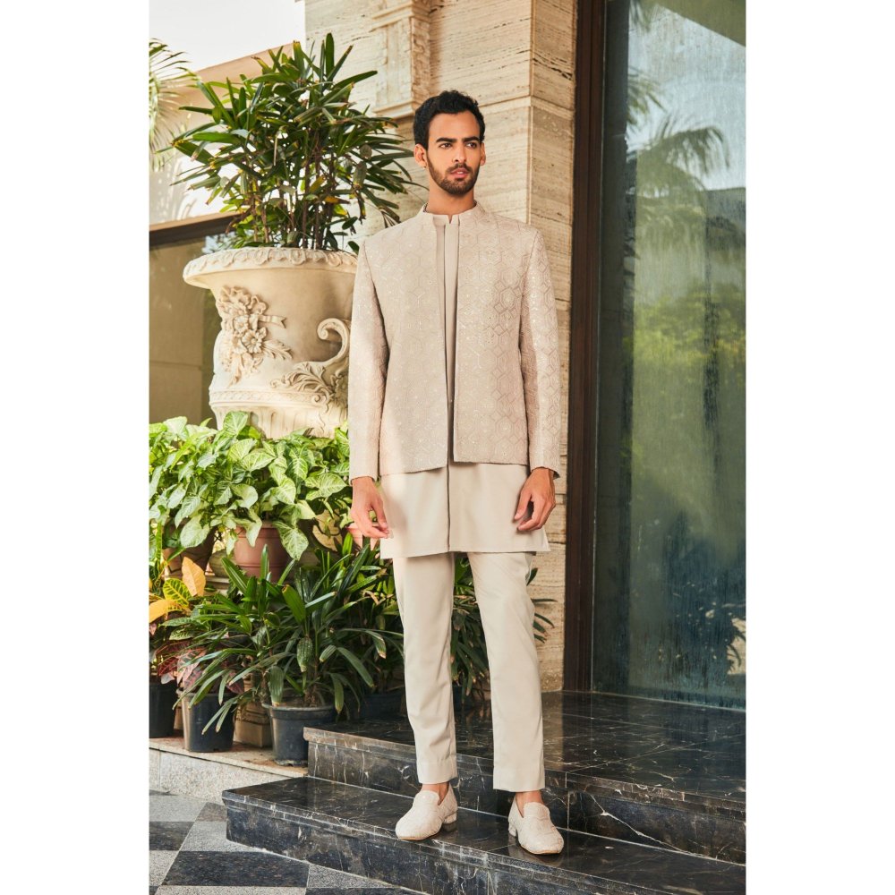 Bohame Arit Ivory Chikankari Open Jacket and Kurta with Pant (Set of 3)