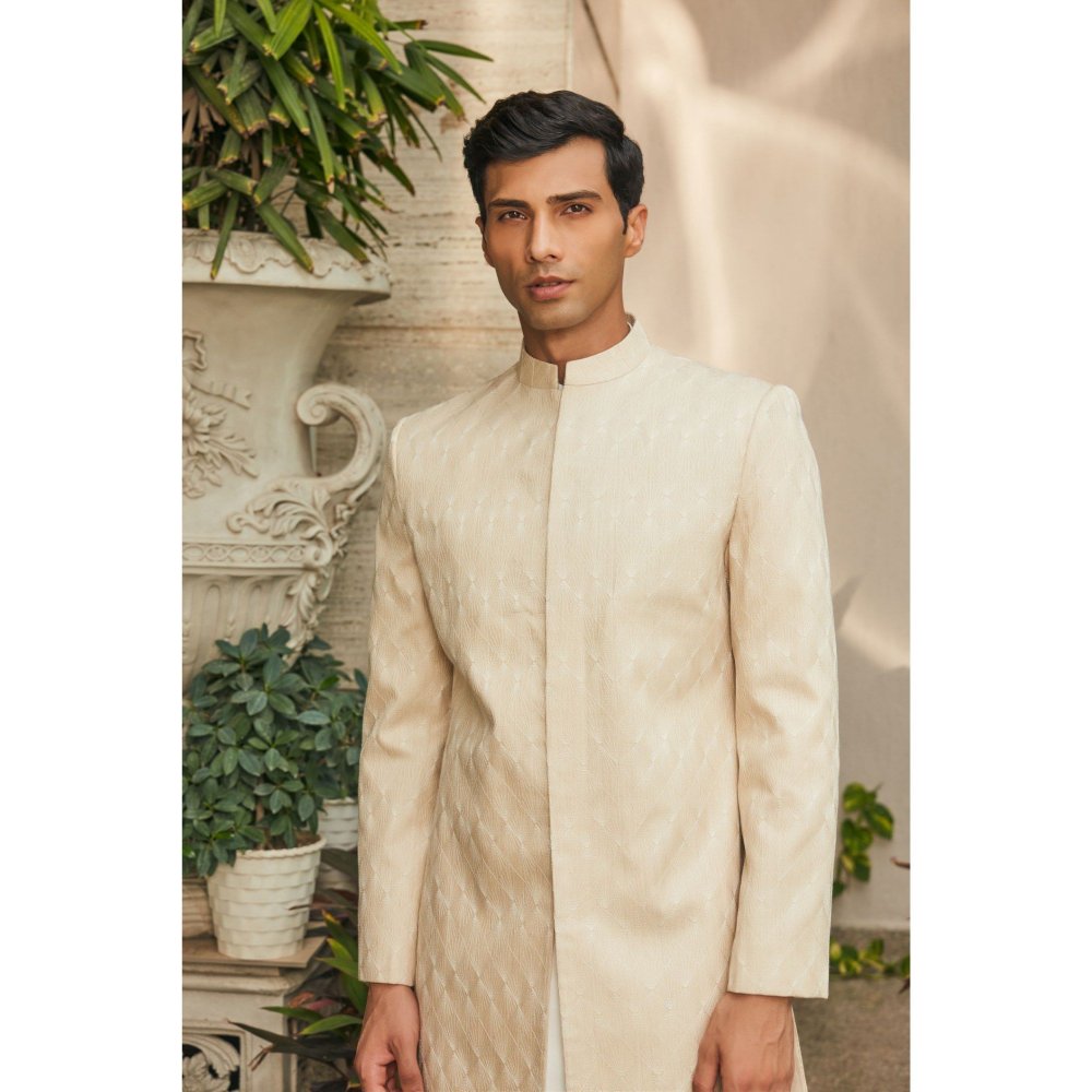 Bohame Avyay Beige Chikankari Achkan Jacket (Set of 3)