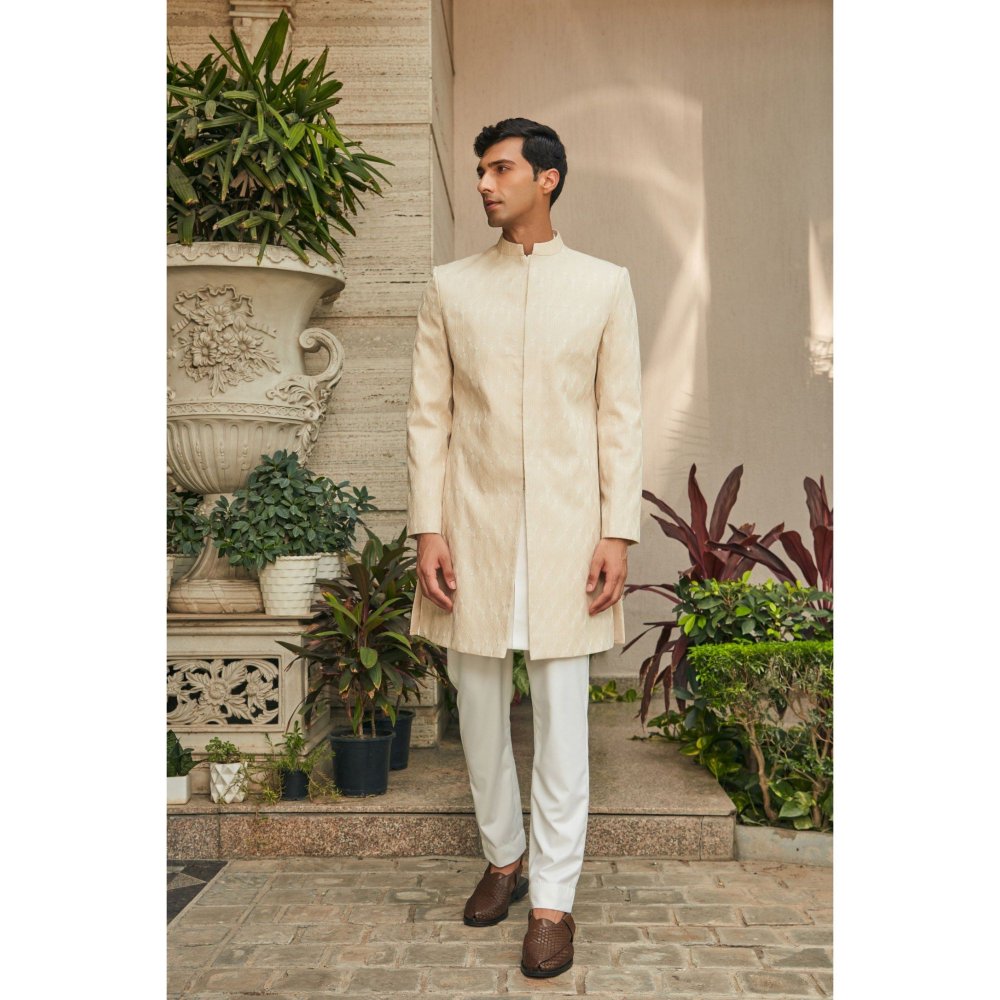 Bohame Avyay Beige Chikankari Achkan Jacket (Set of 3)