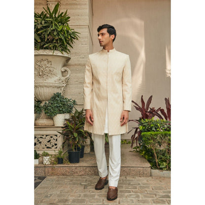 Bohame Avyay Beige Chikankari Achkan Jacket (Set of 3)