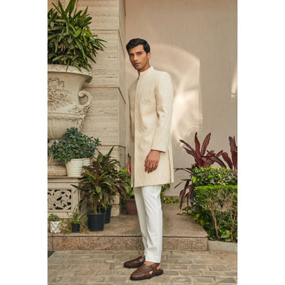 Bohame Avyay Beige Chikankari Achkan Jacket (Set of 3)