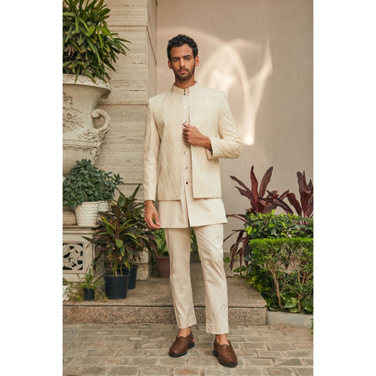 Bohame Ipsit Beige Chikankari Open Jacket and Kurta with Pant (Set of 3)