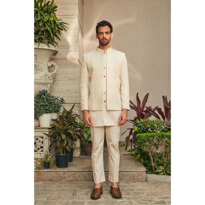 Bohame Ipsit Beige Chikankari Open Jacket and Kurta with Pant (Set of 3)