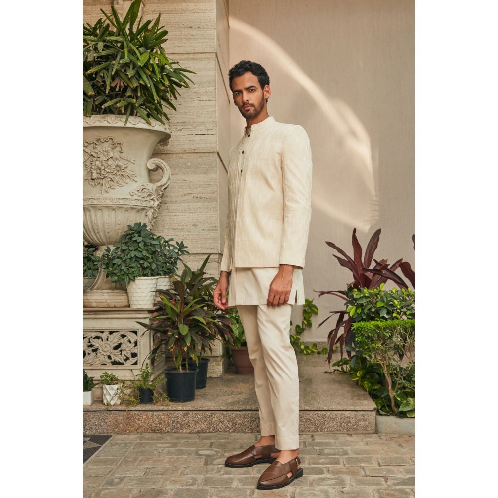 Bohame Ipsit Beige Chikankari Open Jacket and Kurta with Pant (Set of 3)
