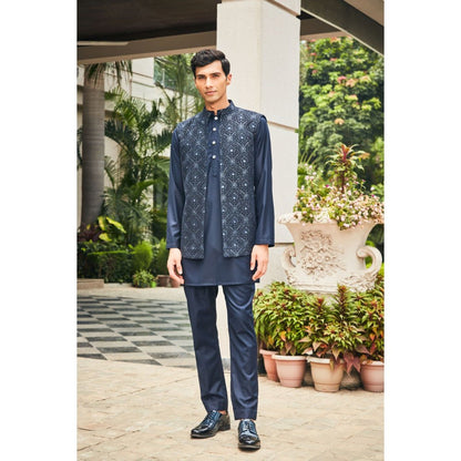 Bohame Ahi Navy Blue Chikankari Open Nehru Jacket and Kurta with Pant (Set of 3)