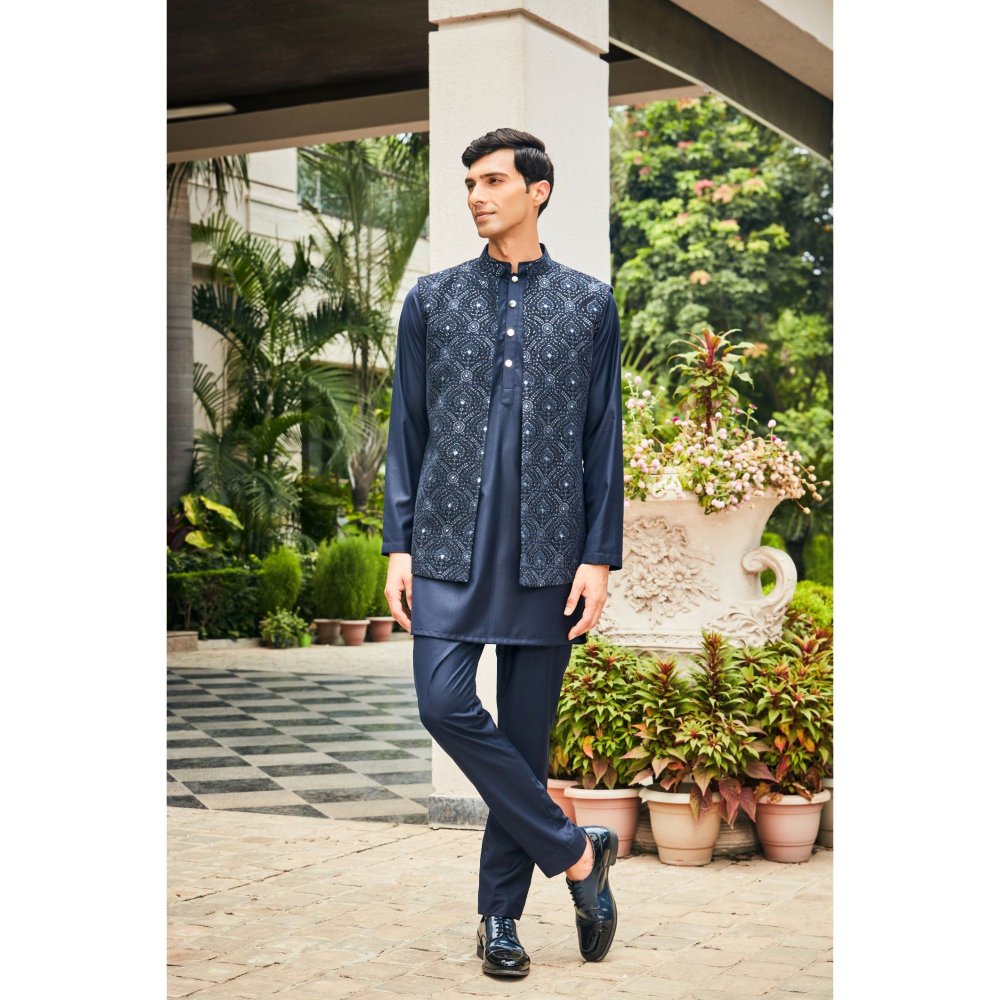 Bohame Ahi Navy Blue Chikankari Open Nehru Jacket and Kurta with Pant (Set of 3)