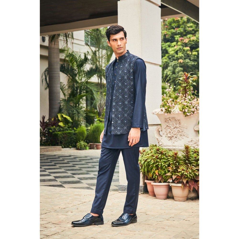 Bohame Ahi Navy Blue Chikankari Open Nehru Jacket and Kurta with Pant (Set of 3)