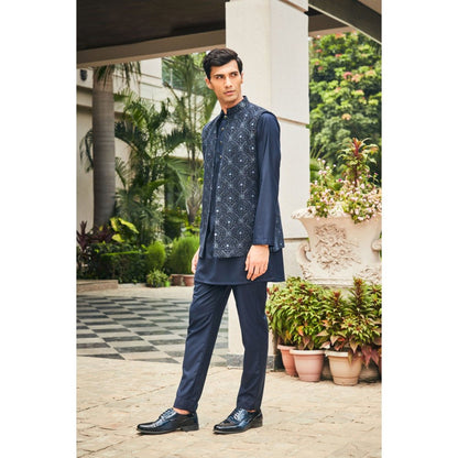 Bohame Ahi Navy Blue Chikankari Open Nehru Jacket and Kurta with Pant (Set of 3)