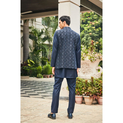 Bohame Ahi Navy Blue Chikankari Open Nehru Jacket and Kurta with Pant (Set of 3)