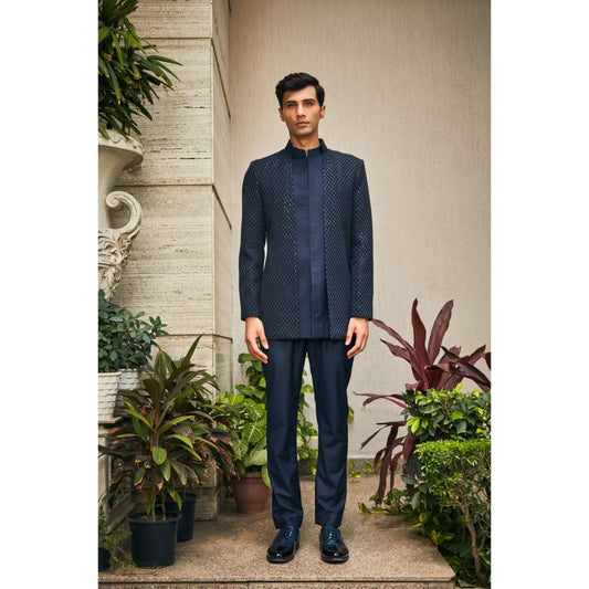 Bohame Krit Navy Blue Indo-Western Chikankari Jacket and Pant (Set of 2)