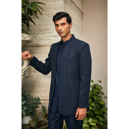 Bohame Krit Navy Blue Indo-Western Chikankari Jacket and Pant (Set of 2)