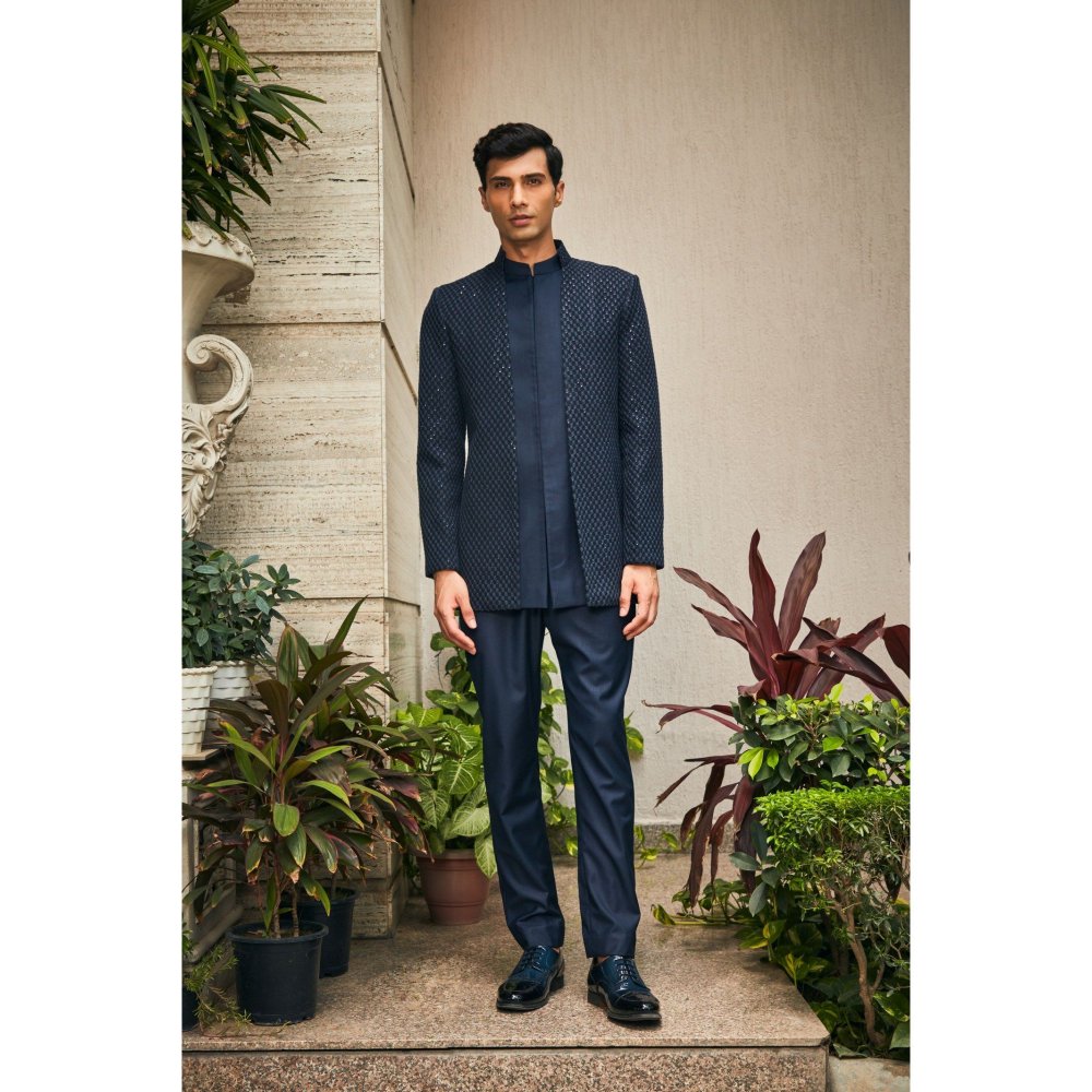 Bohame Krit Navy Blue Indo-Western Chikankari Jacket and Pant (Set of 2)