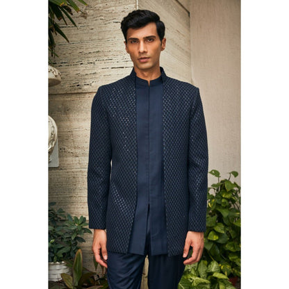 Bohame Krit Navy Blue Indo-Western Chikankari Jacket and Pant (Set of 2)
