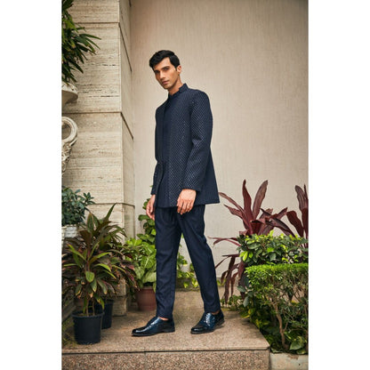 Bohame Krit Navy Blue Indo-Western Chikankari Jacket and Pant (Set of 2)