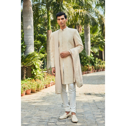 Bohame Hirav Beige Chikankari Sherwani Kurta and Churidaar with Dupatta (Set of 4)