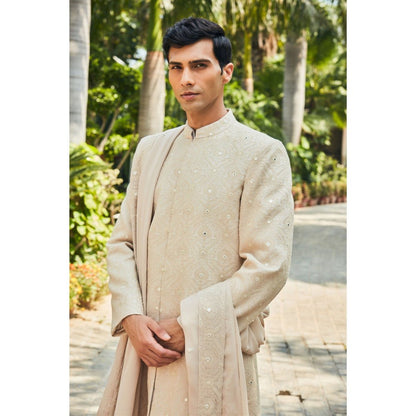 Bohame Hirav Beige Chikankari Sherwani Kurta and Churidaar with Dupatta (Set of 4)