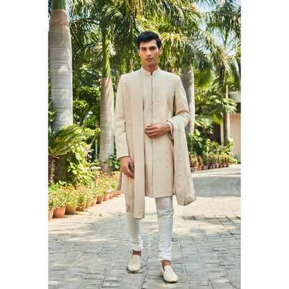 Bohame Hirav Beige Chikankari Sherwani Kurta and Churidaar with Dupatta (Set of 4)
