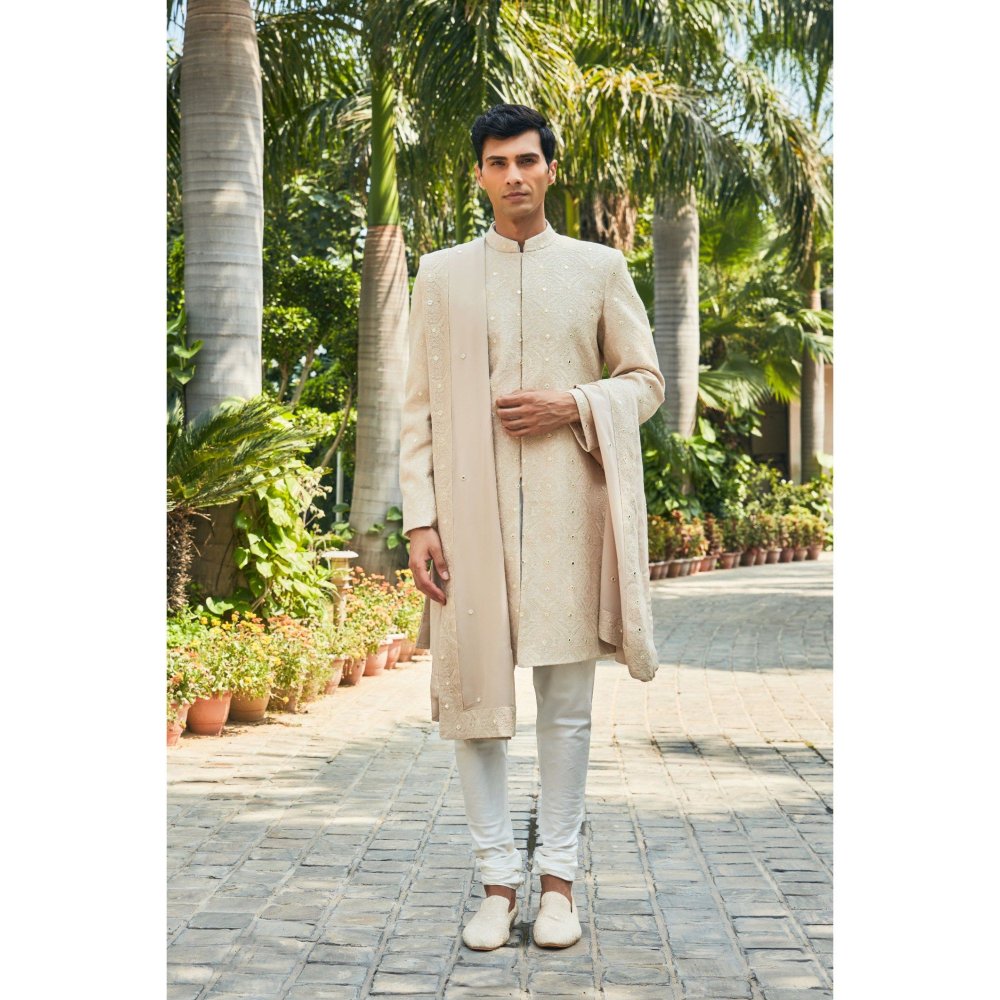 Bohame Hirav Beige Chikankari Sherwani Kurta and Churidaar with Dupatta (Set of 4)