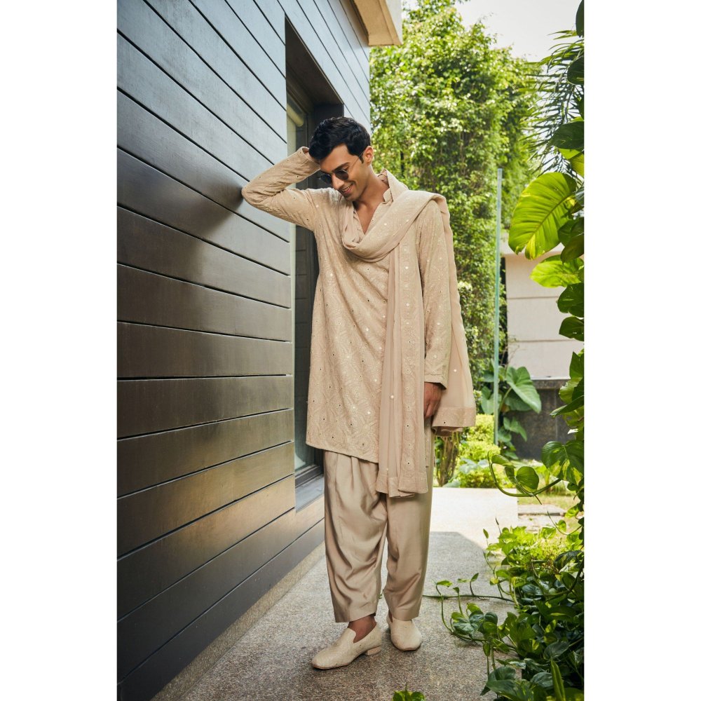 Bohame Udvah Beige Chikankari Kurta and Salwar with Dupatta (Set of 3)