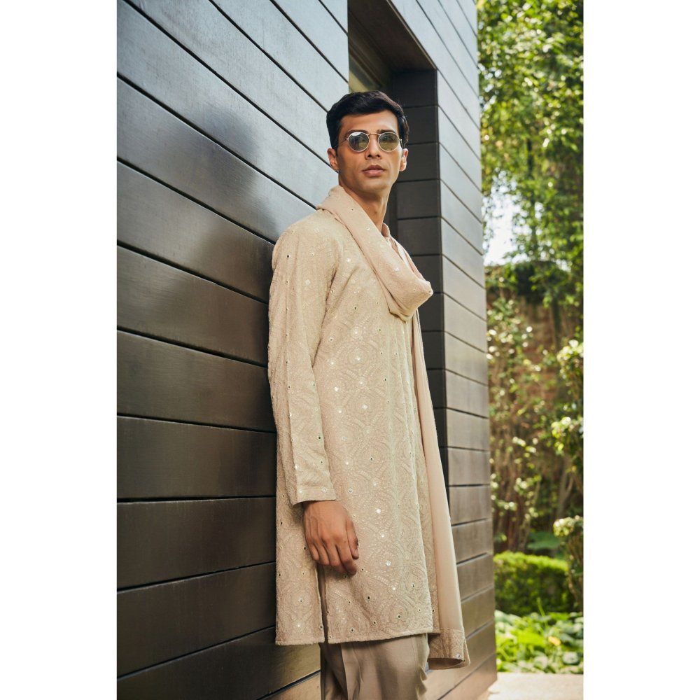 Bohame Udvah Beige Chikankari Kurta and Salwar with Dupatta (Set of 3)