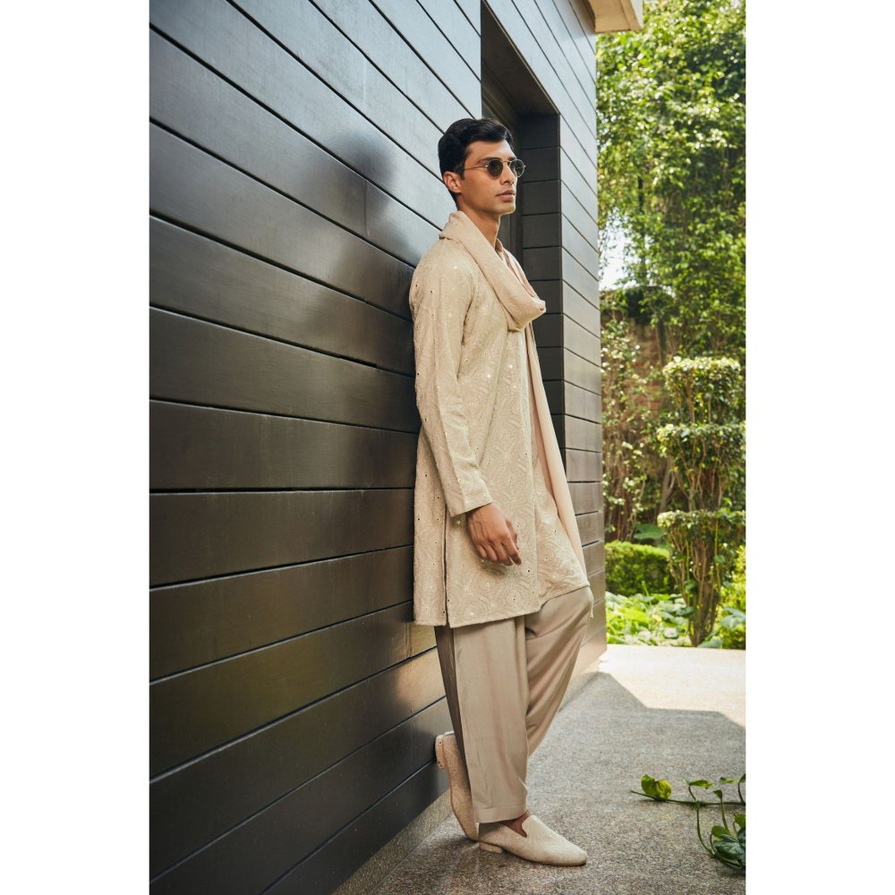 Bohame Udvah Beige Chikankari Kurta and Salwar with Dupatta (Set of 3)