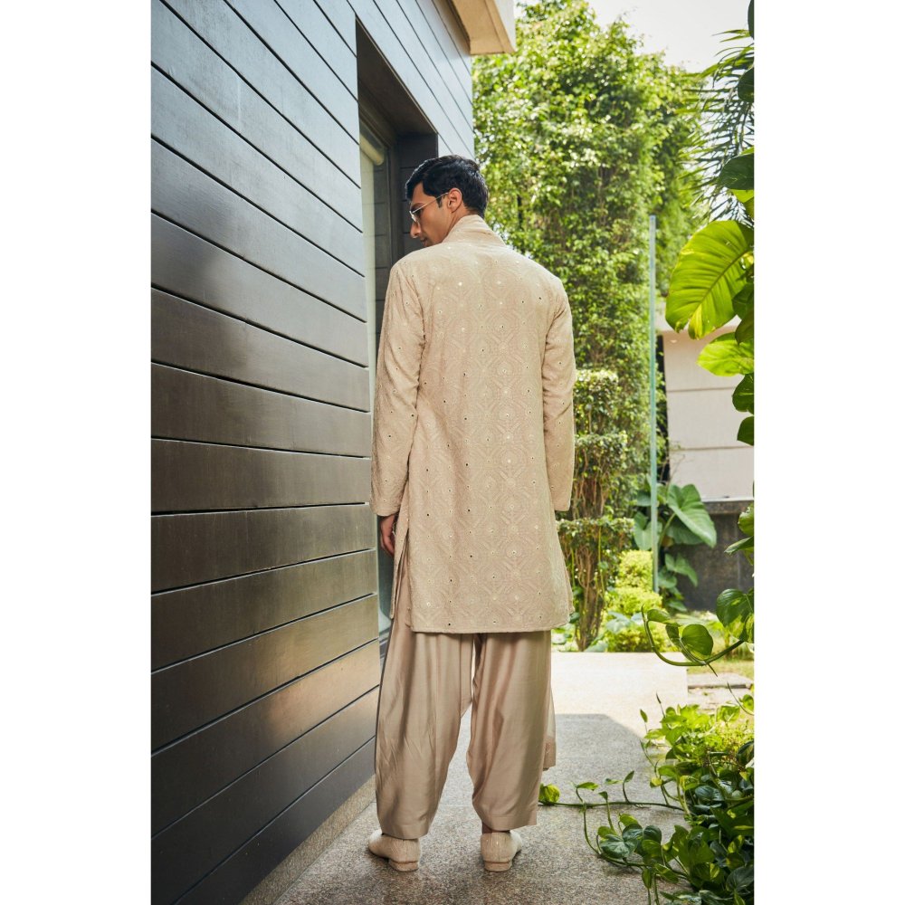 Bohame Udvah Beige Chikankari Kurta and Salwar with Dupatta (Set of 3)